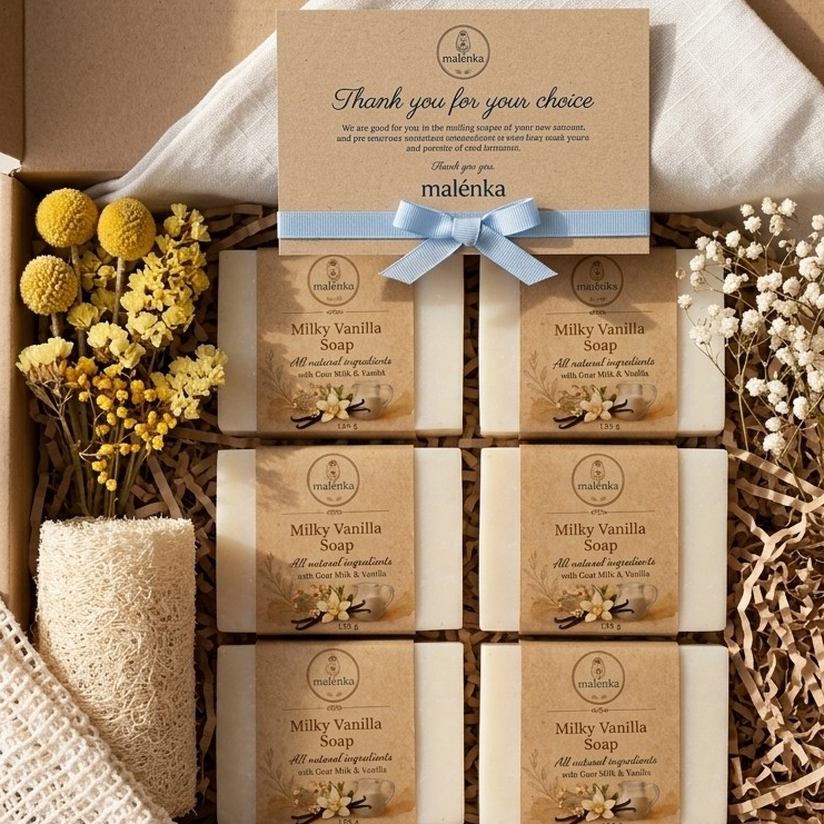 Malenka Milky Vanilla Glow Soap Set (6 Bars)Bath Box with Free Loofah & Mesh Net