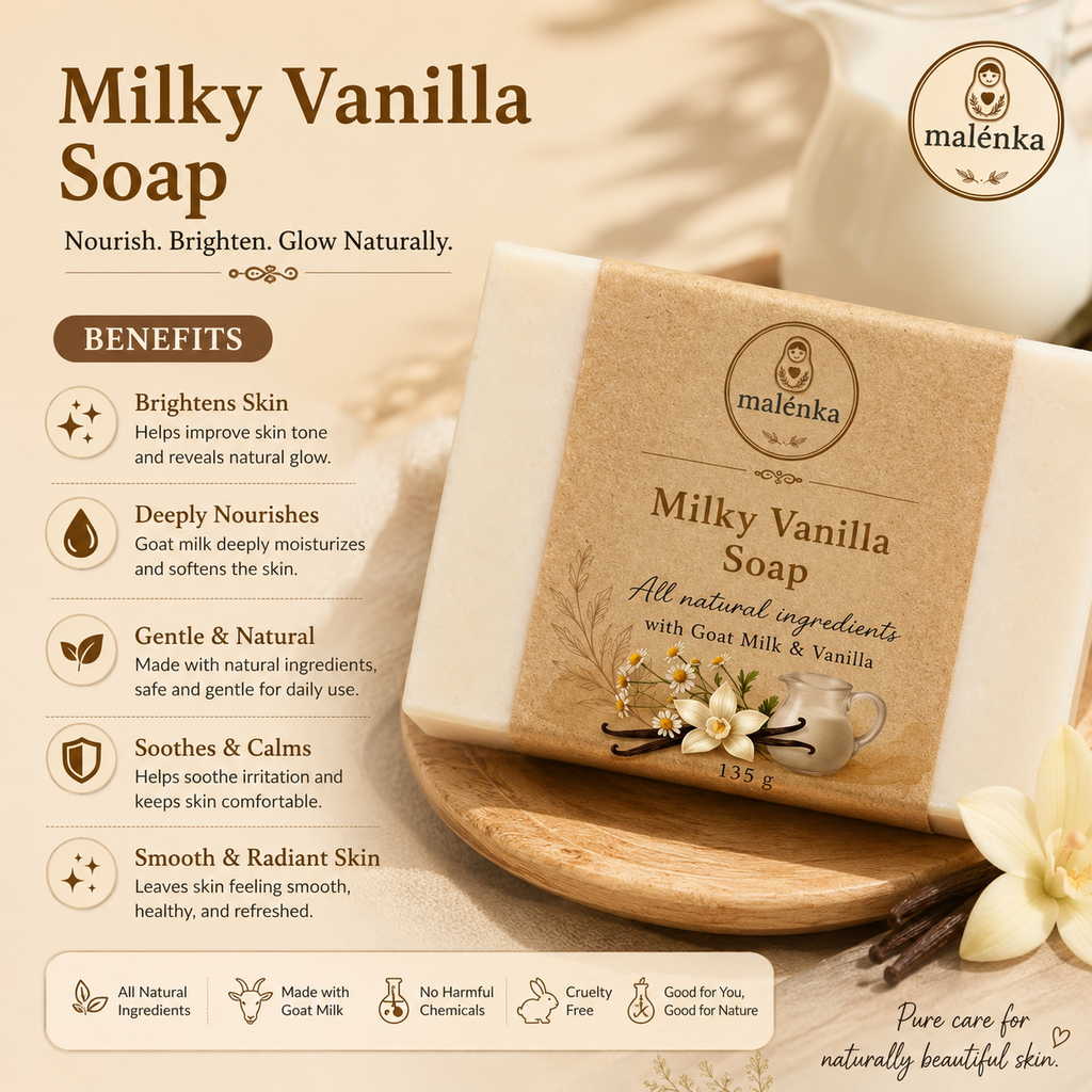 Malenka Milky Vanilla Glow Soap Set (6 Bars)Bath Box with Free Loofah & Mesh Net