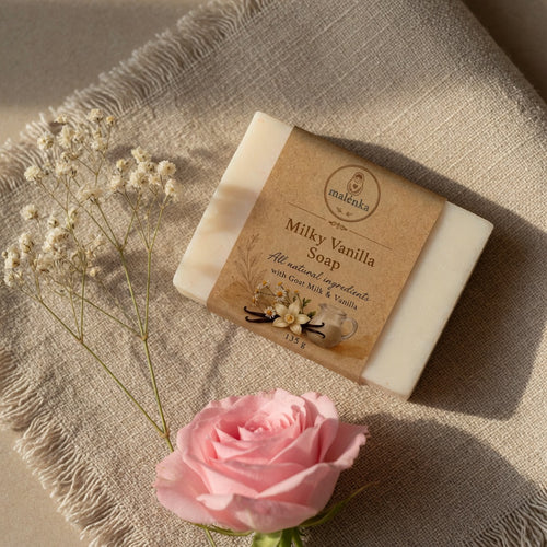 Malenka Milky Vanilla Glow Soap Set (6 Bars)Bath Box with Free Loofah & Mesh Net