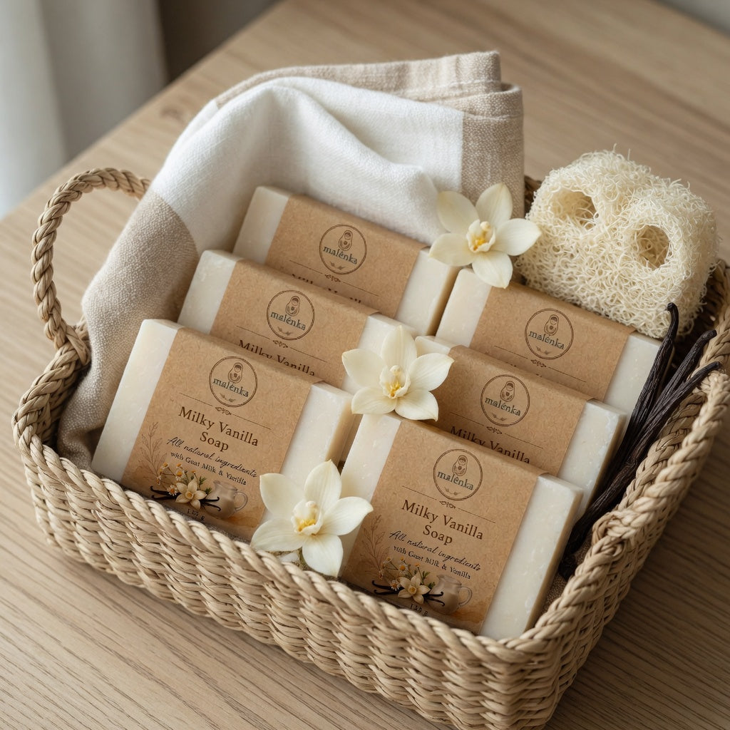 Malenka Milky Vanilla Glow Soap Set (6 Bars)Bath Box with Free Loofah & Mesh Net